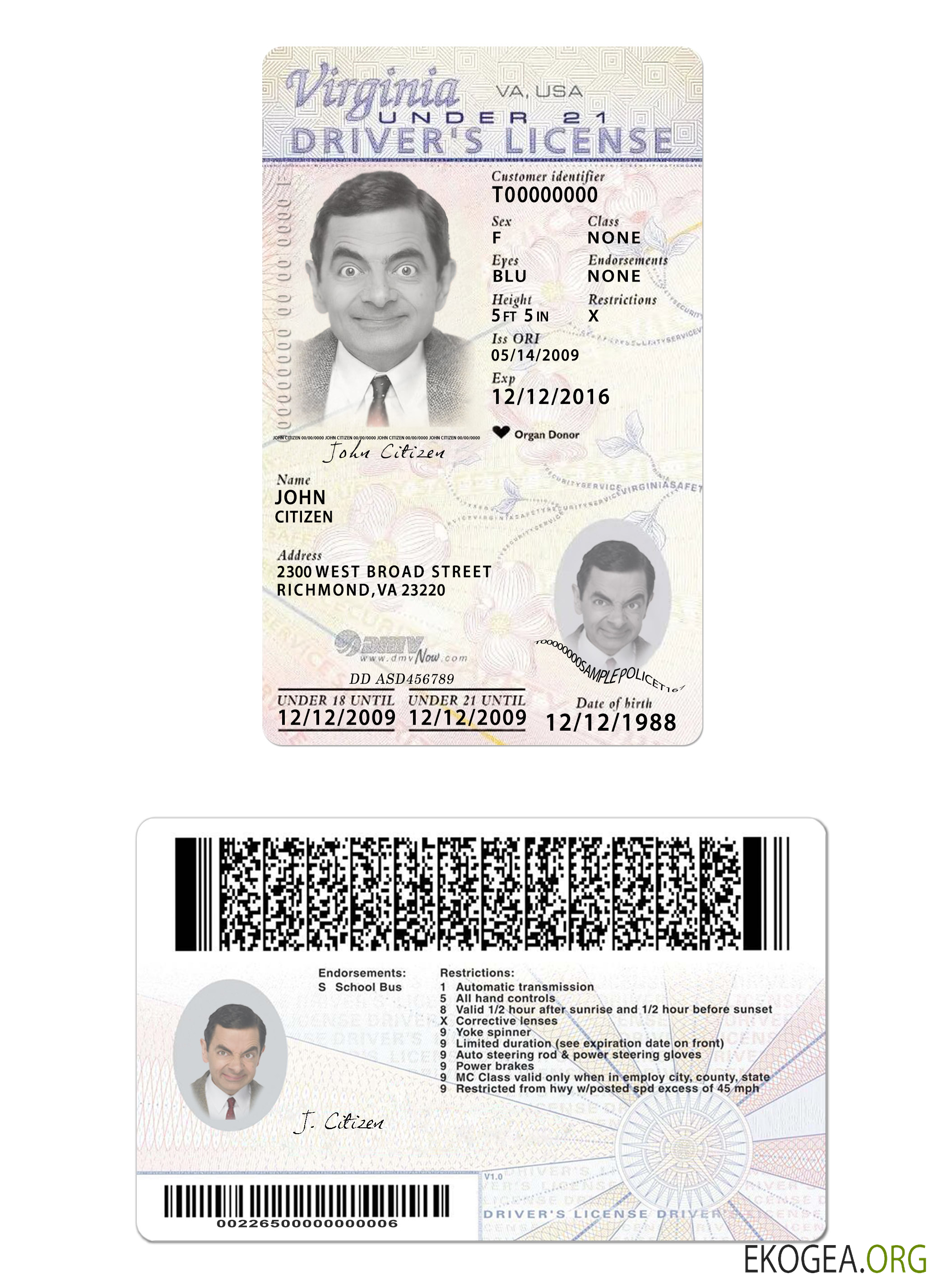 USA Virginia driving license under 21 new version